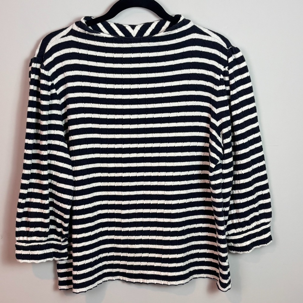 Talbots Womens Navy white striped textured knit 3/4 sleeve funnel neck top sz LG